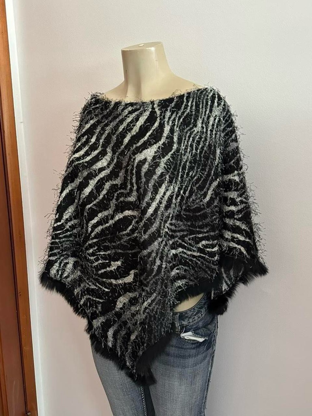 Alberto Makali Black and Gray Zebra-Print Sweater Poncho
